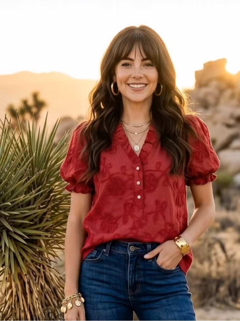 Women's Scarlet Puff-Sleeve V-Neck Button Blouse
